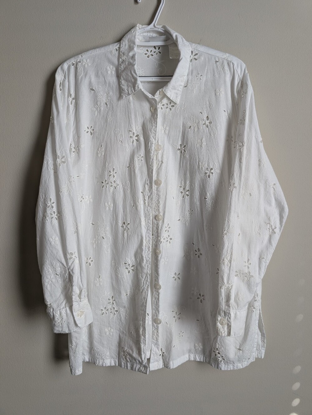White Floral Eyelet Button-Up Shirt 100% Cotton Size L